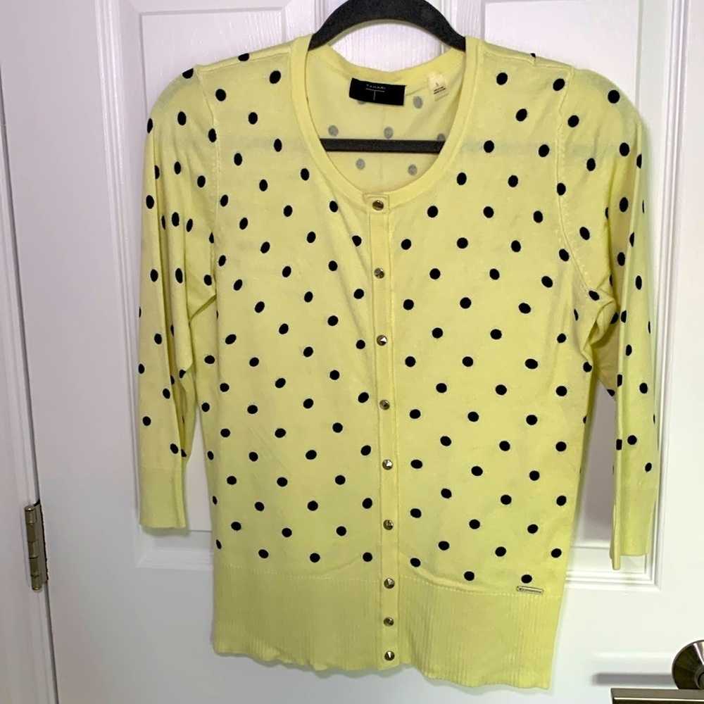 Tahari lime/Yellow Polka Dot Cardigan with studded snap details size small